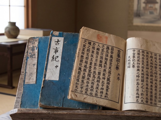 日本最古の書物、古事記の画像。古事記には、真菰を神格化した、「宇摩志阿斯訶備比古遅神（ウマシアシカビヒコジノカミ）」が登場している。
