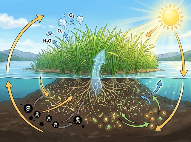 「土壌・植物・微生物」が一体となった生態系ネットワークを築く真菰の様子。真菰は浄化する能力があると伝えられている。