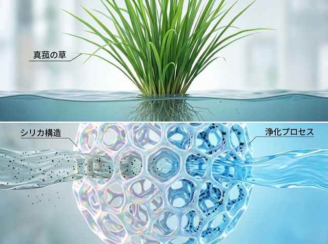 真菰のケイ素（シリカ）が老廃物を浄化してキレイにしてくれる様子。これが真菰が浄化の植物といわれる理由。