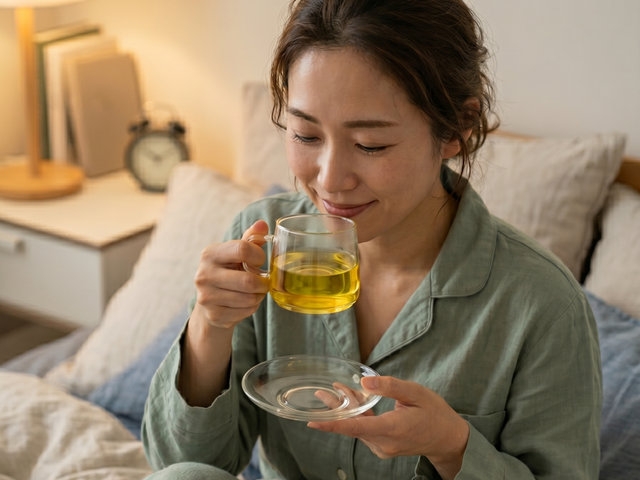 就寝前にノンカフェインのマコモ茶を飲む女性。