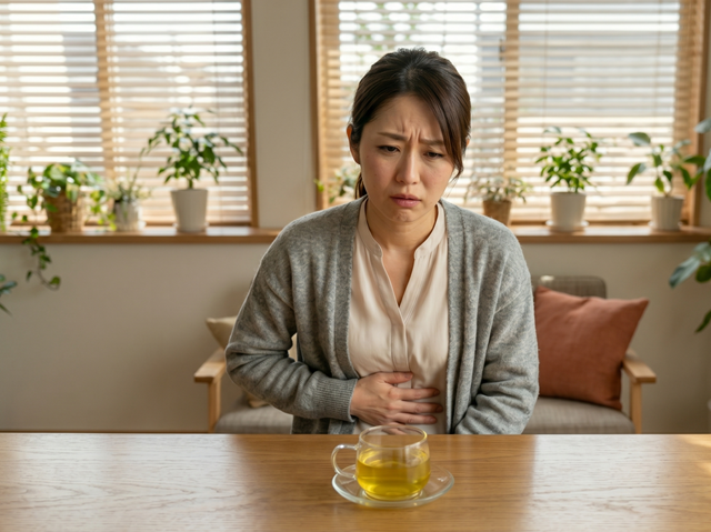 マコモ茶で、お腹の調子が悪くなる女性。