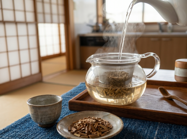 乾燥させた真菰の葉や茎を急須に入れ、お湯で煮出している様子