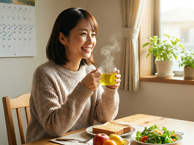 毎朝、マコモ茶を飲む女性