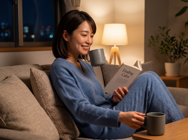 夜にマコモ茶を飲む女性