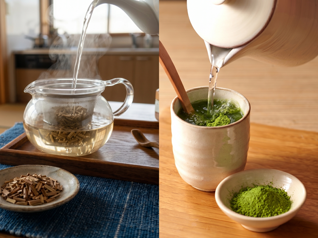 真菰の葉をお湯で煎じたマコモ茶と、真菰の粉末をお湯で溶かしたマコモ茶