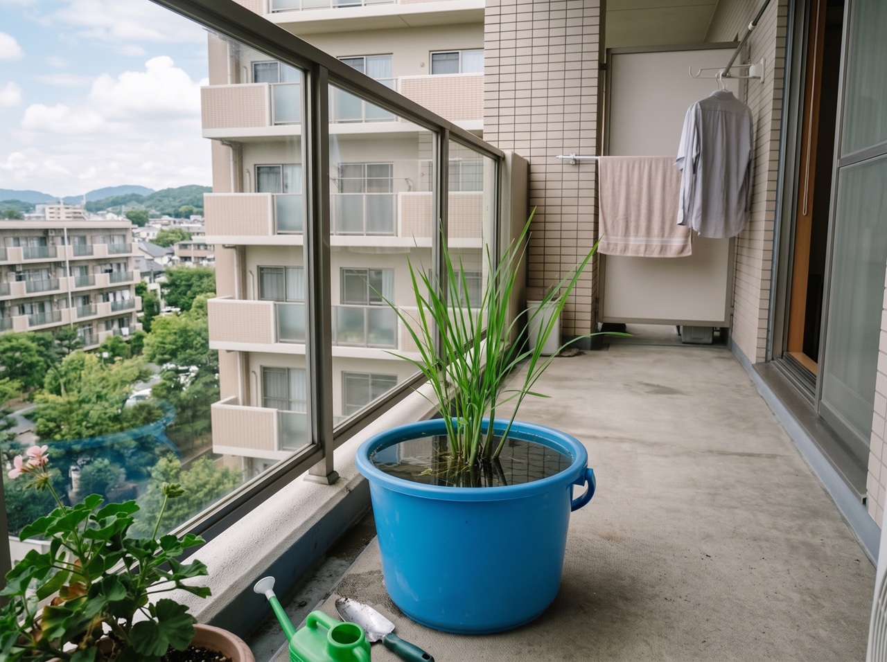 自宅のベランダで真菰を育てている画像