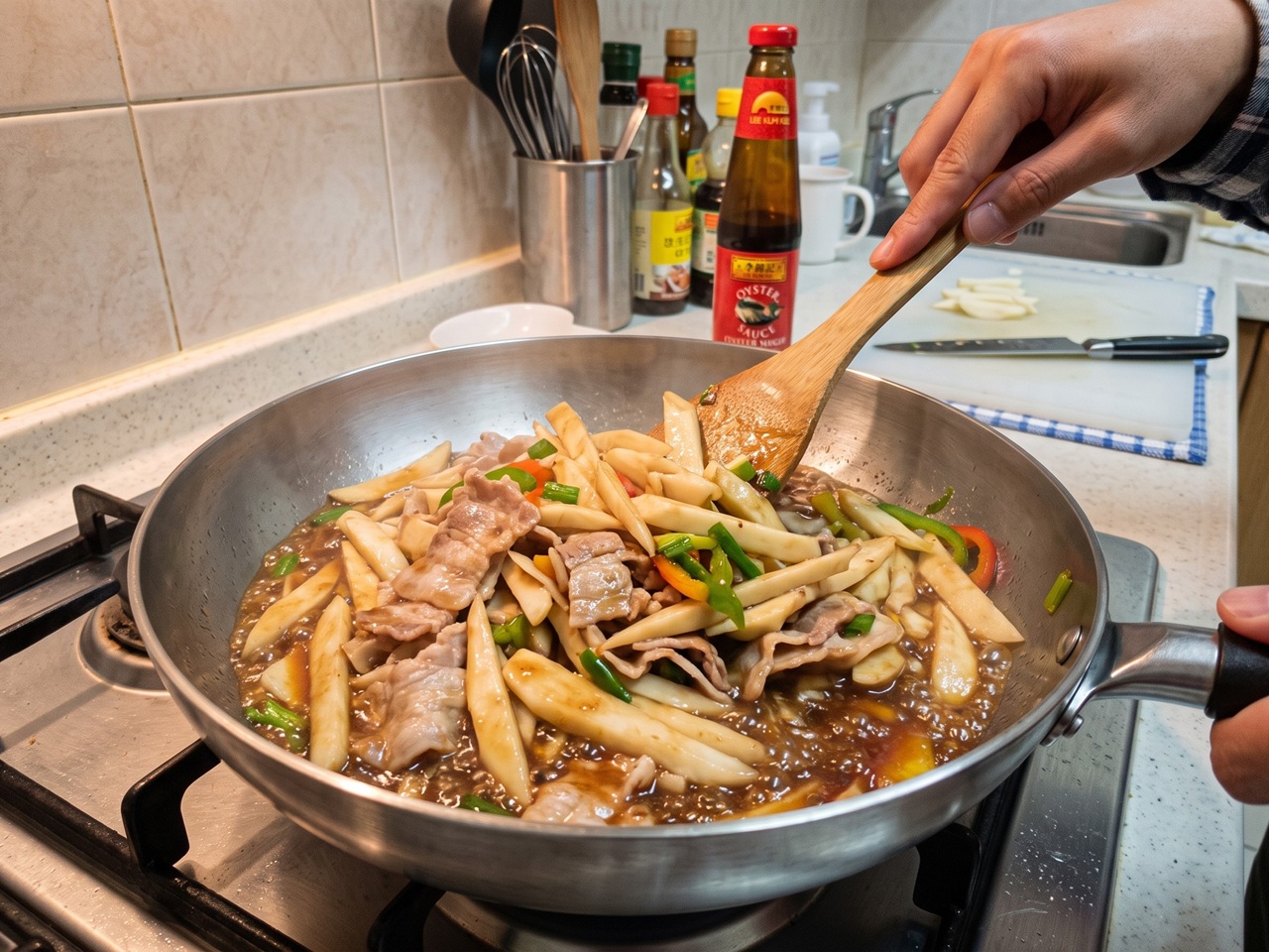マコモダケと豚バラ肉で炒め物を作った画像